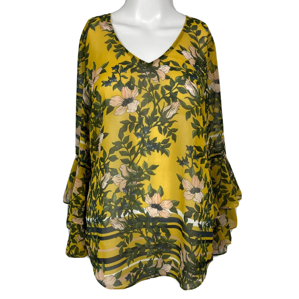 Cabi Shirt Womens Sz S Spring Scene Yellow Floral Bell Sleeve V Neck Top Ruffle